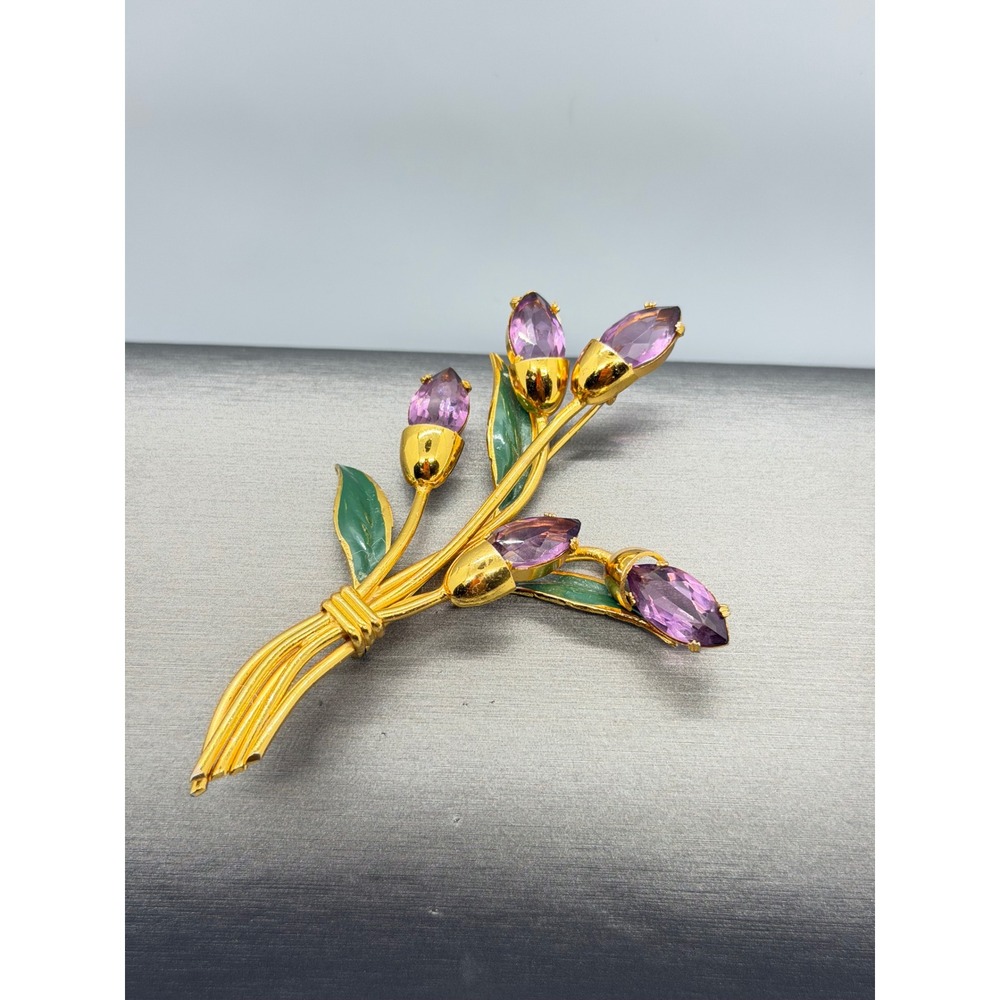 Vintage Gold Tone Purple Glass Enamel Flower Bouquet Brooch Large Statement - Picture 5 of 14